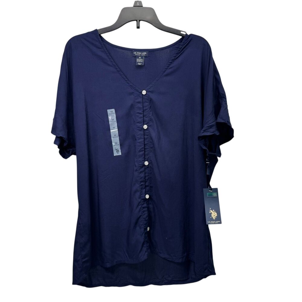 U.S. POLO ASSN. Women Short Sleeve Button Front Navy Blue Blouse V-Neck Medium